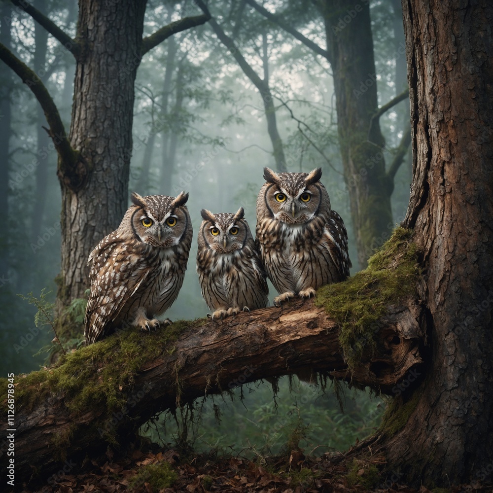 A family of owls in a hollow tree with a magical, misty woodland backdrop.