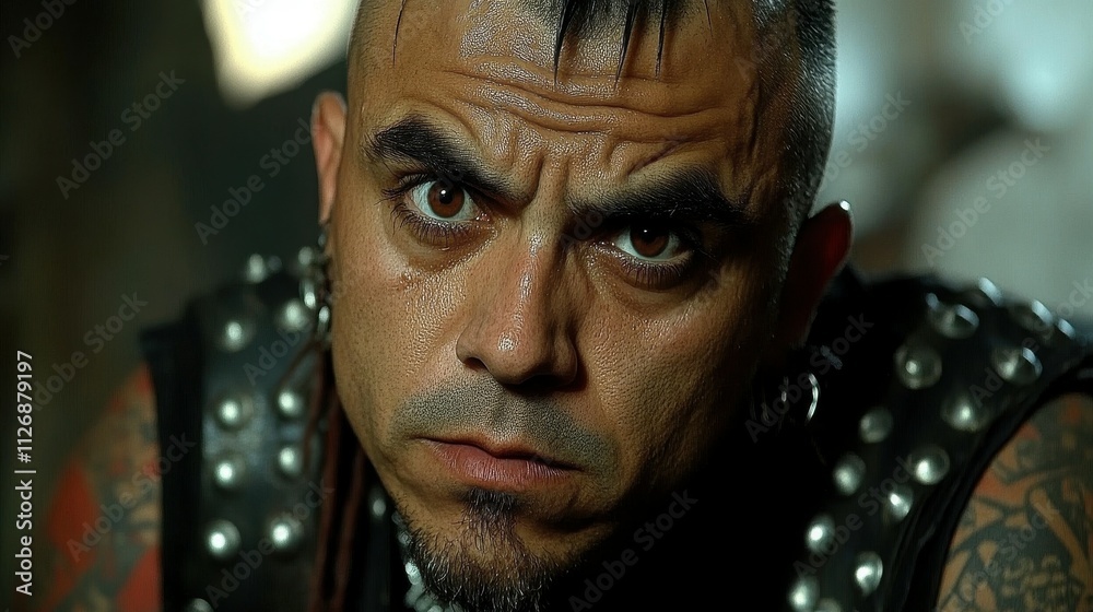 A man with a shaved head and a beard is wearing a leather jacket and has a tattoo on his arm. He is looking at the camera with a serious expression A man with a shaved head and a beard is wearing a leather jacket and has a tattoo on his arm. He is looking at the camera with a serious expression