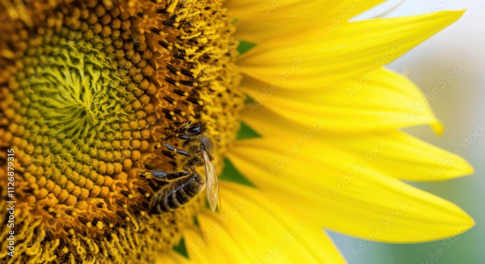 Naklejka premium Close-up of bee pollinating vibrant sunflower