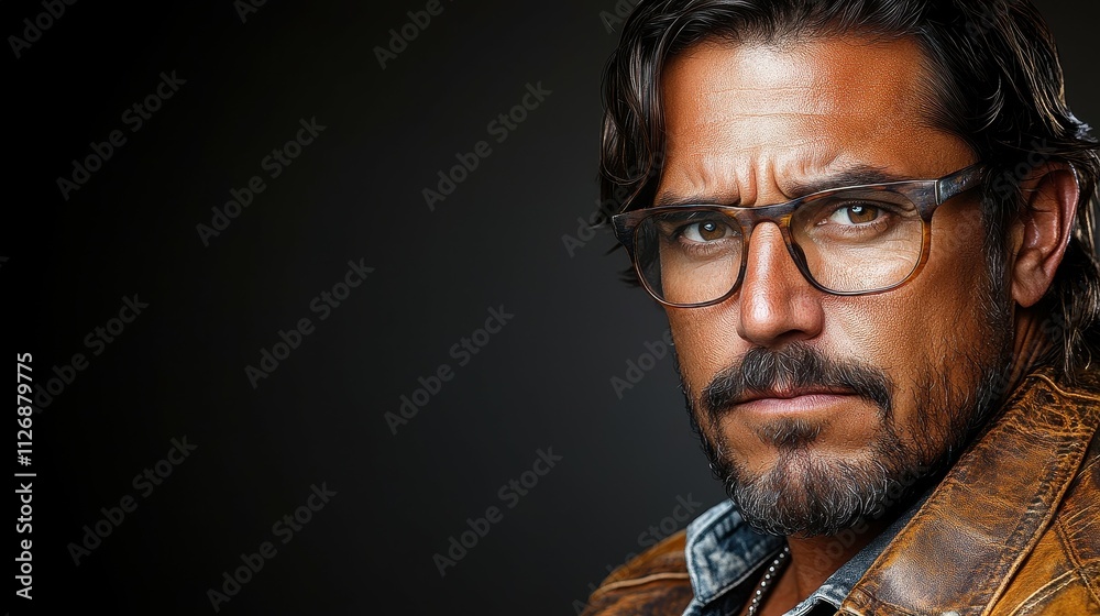 Obraz premium A man with glasses is standing in front of a dark background. He has a serious expression on his face