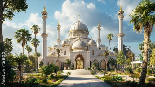 A grand Ottoman-style mosque with intricate domes and tall minarets, golden accents, and lush gardens surrounding it