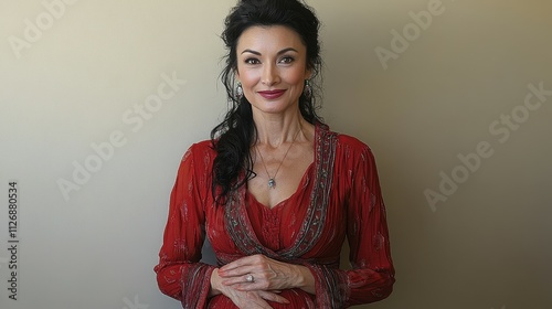 A woman in a red dress is smiling for the camera. She is wearing a necklace and a ring