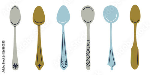 Set of retro style ornate teaspoons in blue, gray, and bronze metals with decorative patterns. Vintage cutlery collection for tea, coffee, cooking. Vector illustration in flat cartoon style