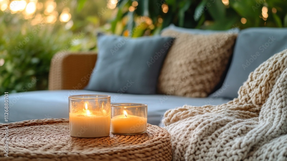 Lit Candles on Table Near Cozy Outdoor Sofa Lit Candles on Table Near Cozy Outdoor Sofa