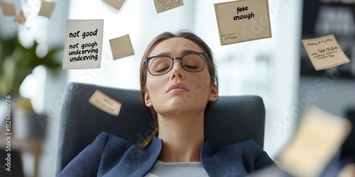 A businesswoman in glasses leans back in a chair with sticky notes around her, reflecting self-doubt and imposter syndrome, office background, copy space, selective focus

