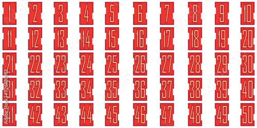 Numbers, 1 to 50 high, stacked lines, color lines, red boxes, premium cut serial numbers