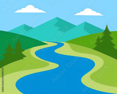 Spring or summer landscape with field, green hills, river and forest. Vector illustration