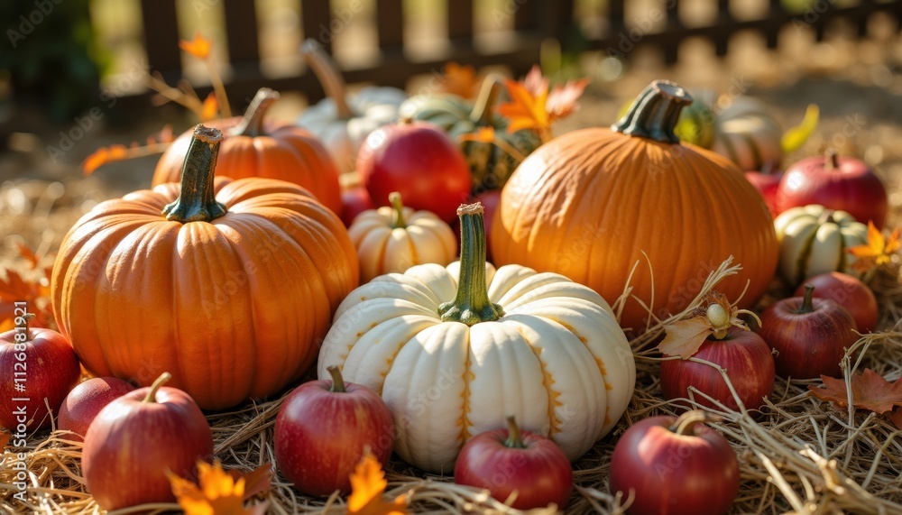Autumn Harvest with Colorful Pumpkins and Apples on Hay Autumn Harvest with Colorful Pumpkins and Apples on Hay