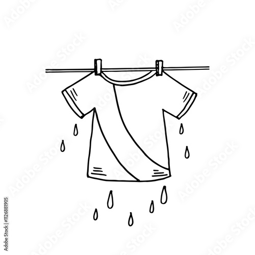 Hand-drawn cartoon of a wet t-shirt hanging on a clothesline, water droplets dripping.