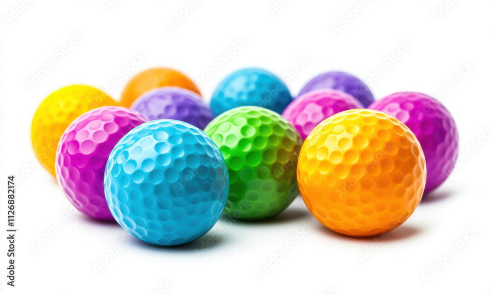 Colorful golf balls arranged on white background, showcasing vibrant hues of blue, yellow, green, purple, and orange with textured surface Colorful golf balls arranged on white background, showcasing vibrant hues of blue, yellow, green, purple, and orange with textured surface