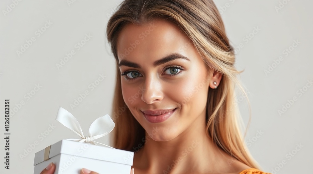 Smiling woman holding a white gift box with a bow. Smiling woman holding a white gift box with a bow.