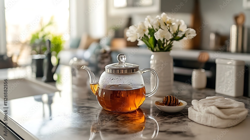 A calming tea station set up on a kitchen counter with a teapot, tea infuser, and a small dish of honey, inviting a moment of peaceful self-care during the day A calming tea station set up on a kitchen counter with a teapot, tea infuser, and a small dish of honey, inviting a moment of peaceful self-care during the day