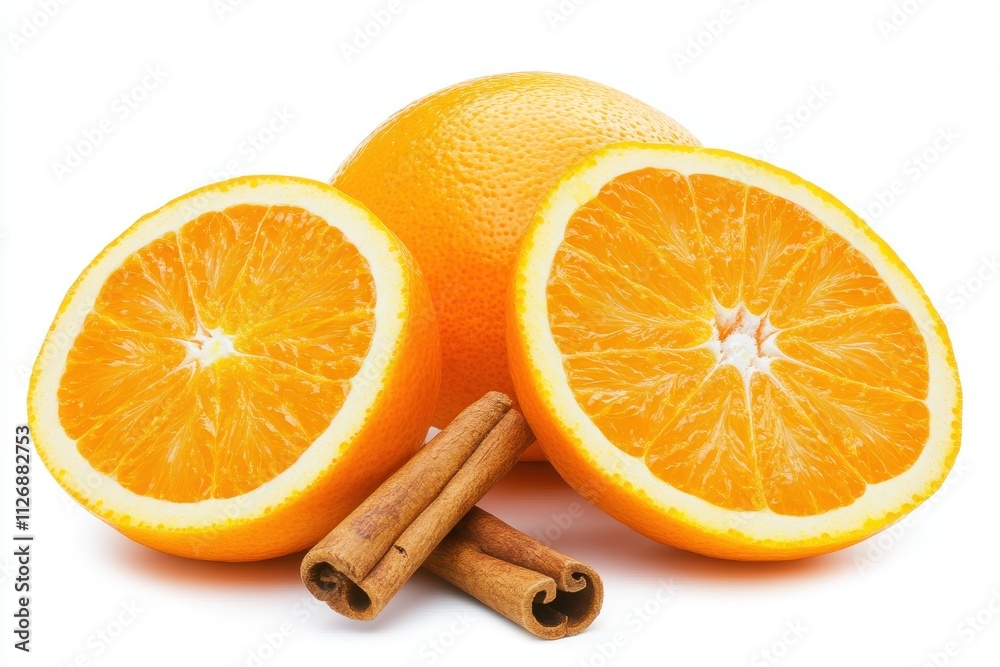 Fresh orange halves and whole oranges paired with cinnamon sticks on a white background Fresh orange halves and whole oranges paired with cinnamon sticks on a white background