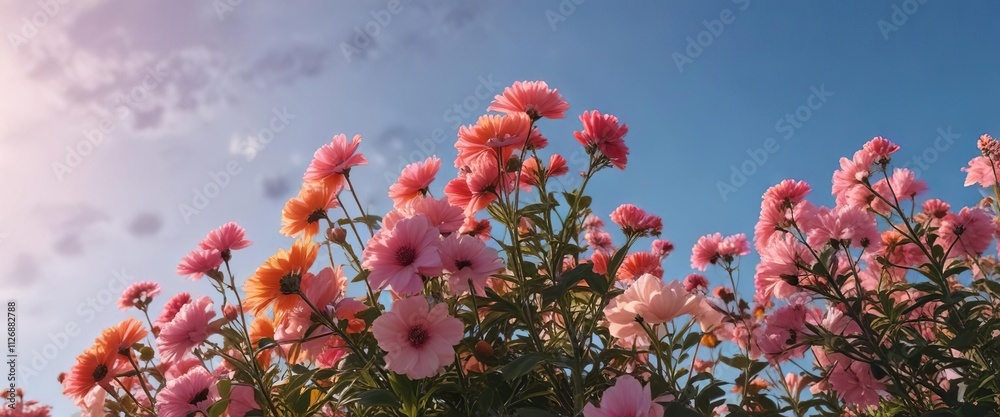 Beautifully arranged flowers in various shades of pink and orange against a clear blue sky, bouquet, green leaves Beautifully arranged flowers in various shades of pink and orange against a clear blue sky, bouquet, green leaves