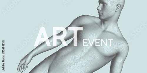 Art event invitation template. Man is posing and dancing. 3D model of man. Human body. Design for sport. Stipple effect. Vector for brochure, poster, presentation, cover, card, flyer or banner.