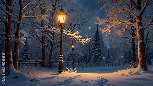 A serene early morning scene captures a city's first snowfall