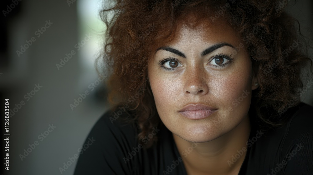 A woman with brown hair and a red face. She is wearing a black shirt and has a serious expression on her face A woman with brown hair and a red face. She is wearing a black shirt and has a serious expression on her face