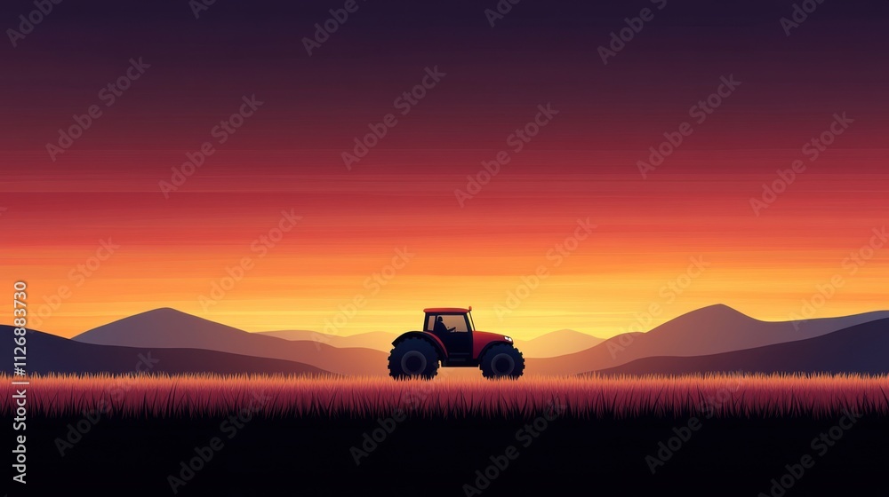 Red Tractor Against Vibrant Sunset Over Rolling Hills in Agricultural Landscape Red Tractor Against Vibrant Sunset Over Rolling Hills in Agricultural Landscape