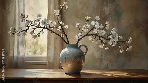 Dark room with brown table, silver vaze with dahlia flowers  close a window