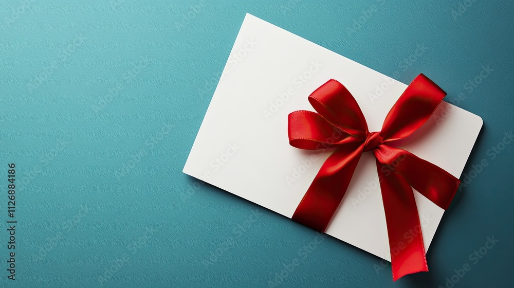 White card with a red satin ribbon bow on a teal background. White card with a red satin ribbon bow on a teal background.
