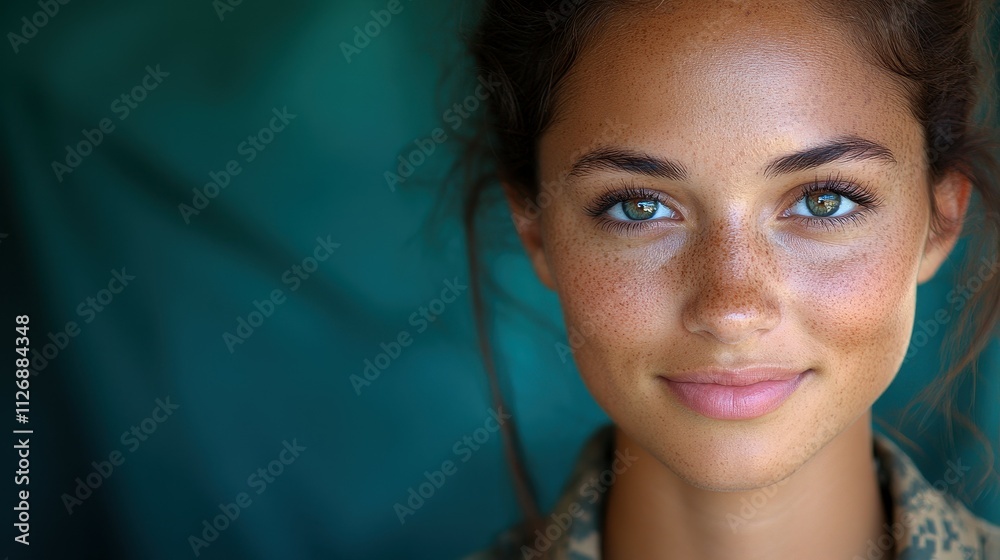 A woman with green eyes and a green shirt. She has a greenish-blue tint to her skin A woman with green eyes and a green shirt. She has a greenish-blue tint to her skin