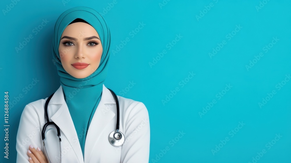 Confident female doctor in hijab with stethoscope against blue background