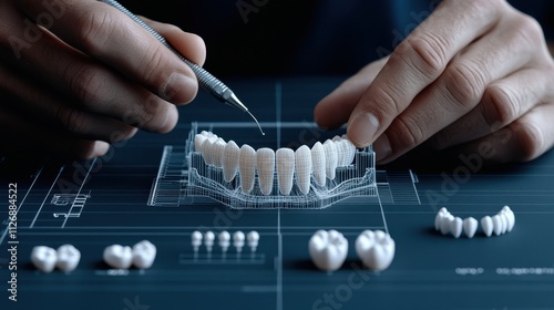Innovative dental technology and 3d printed teeth design on digital blueprint