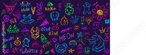 Set of neon creepy graffiti in trendy street style Y2K. Collection of abstract lettering , quick sketches of evil animals, angular chaotic lines, dirty ink symbols