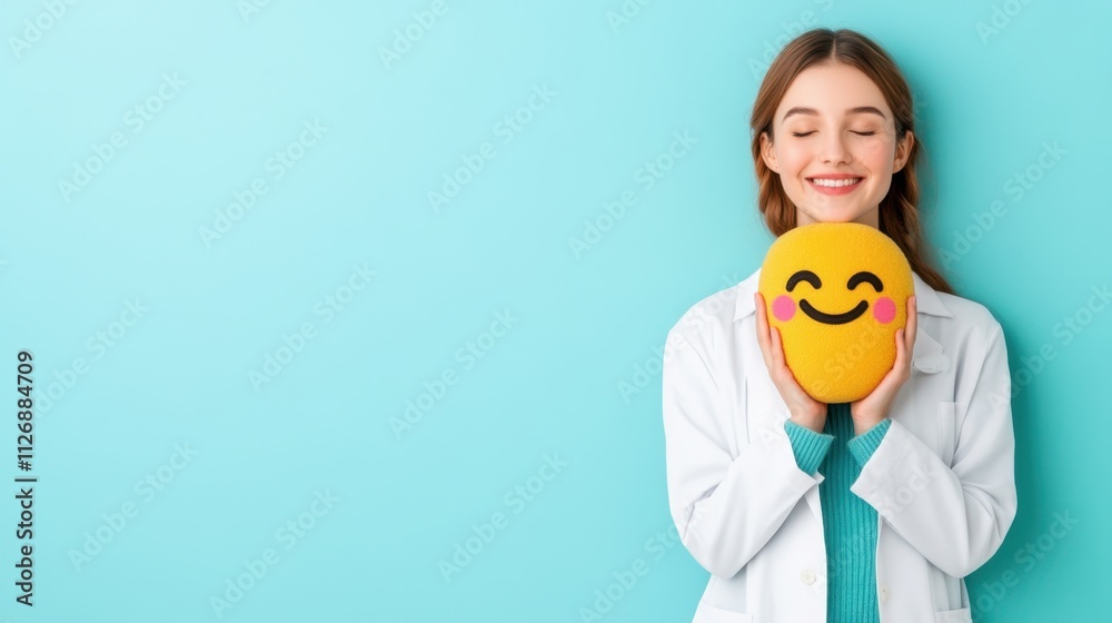 Happy woman holding smiley face emoji pillow against turquoise background Happy woman holding smiley face emoji pillow against turquoise background