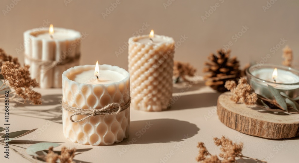 Tranquil candle setup with natural accents for cozy atmosphere Tranquil candle setup with natural accents for cozy atmosphere
