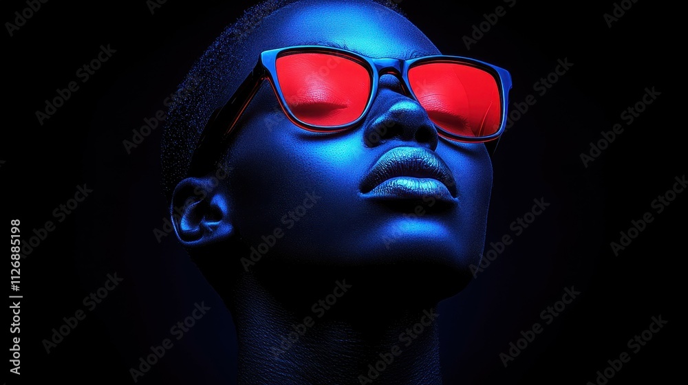 A woman with red sunglasses on her face. The sunglasses are red and the woman is looking at the camera A woman with red sunglasses on her face. The sunglasses are red and the woman is looking at the camera