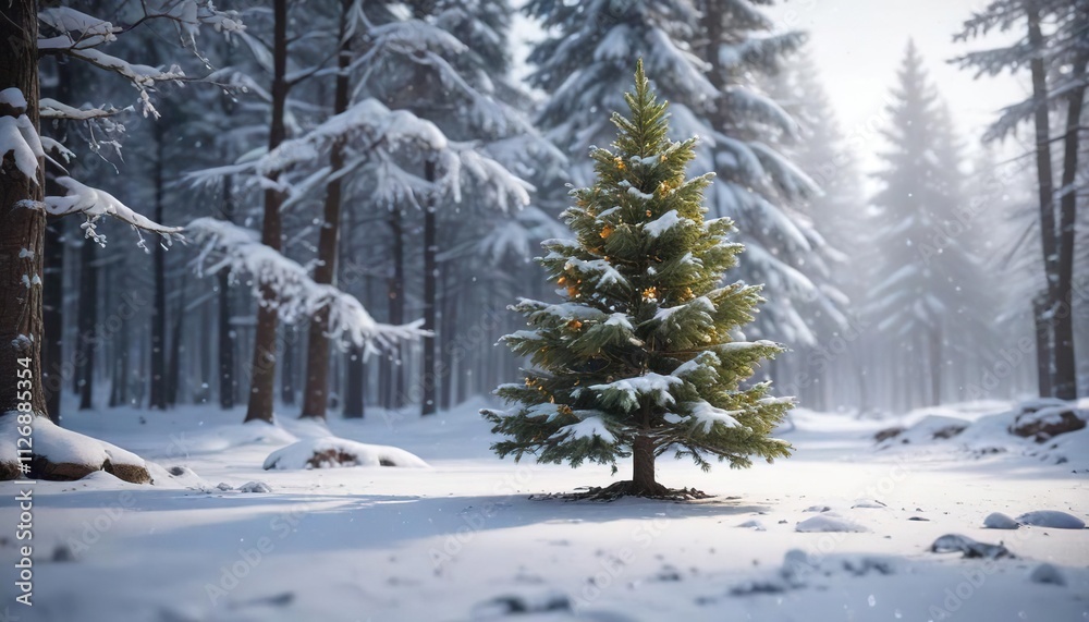 Fototapeta premium Christmas tree in a snowy forest with snowflakes, , snowy