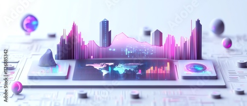 Representation of global data analytics with 3D graph and map on white background photo