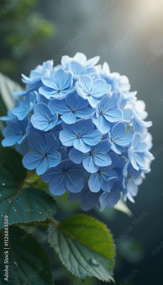 Elegant Close-Up of Rare Blue Hydrangea Flower with Dew Drops Elegant Close-Up of Rare Blue Hydrangea Flower with Dew Drops