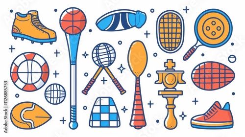 Vector design of sports icons, featuring football, cricket, golf, tennis, swimming, and chess, in a sleek, editable line style