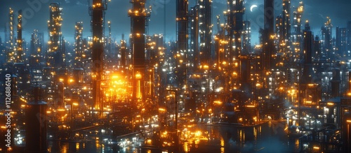 A vibrant, illuminated industrial landscape showcasing towering structures and glowing lights.