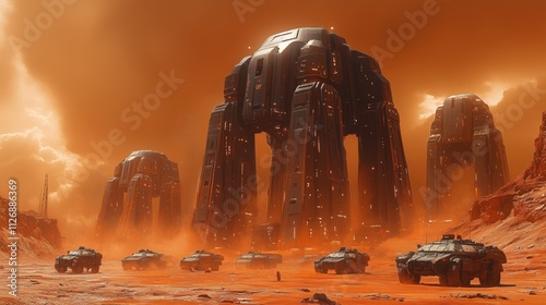 Futuristic armored vehicles and towering megastructures in orange haze