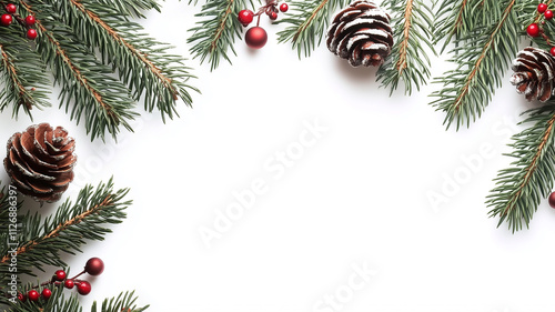 Minimalist Christmas Frame with Evergreen Branches on White Background