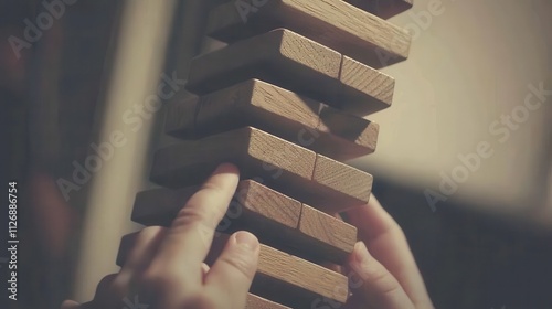 Jenga tower challenge indoor game room fun activity focused environment close-up view strategy play
