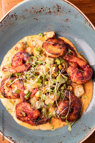 Shrimp and Grits on a Plate at a Restaurant