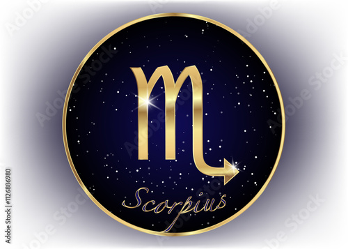 Gold Scorpio zodiac constellations sign on beautiful starry sky with galaxy and space behind. Scorpio horoscope symbol on deep cosmos background. vector isolated