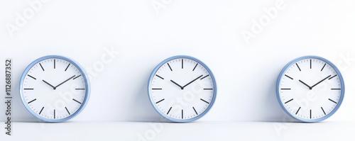 Three blue wall clocks displaying different times on white background photo