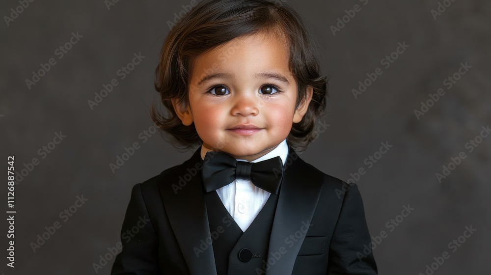 A young child wearing a black suit and a black bow tie. The child is smiling and looking at the camera A young child wearing a black suit and a black bow tie. The child is smiling and looking at the camera