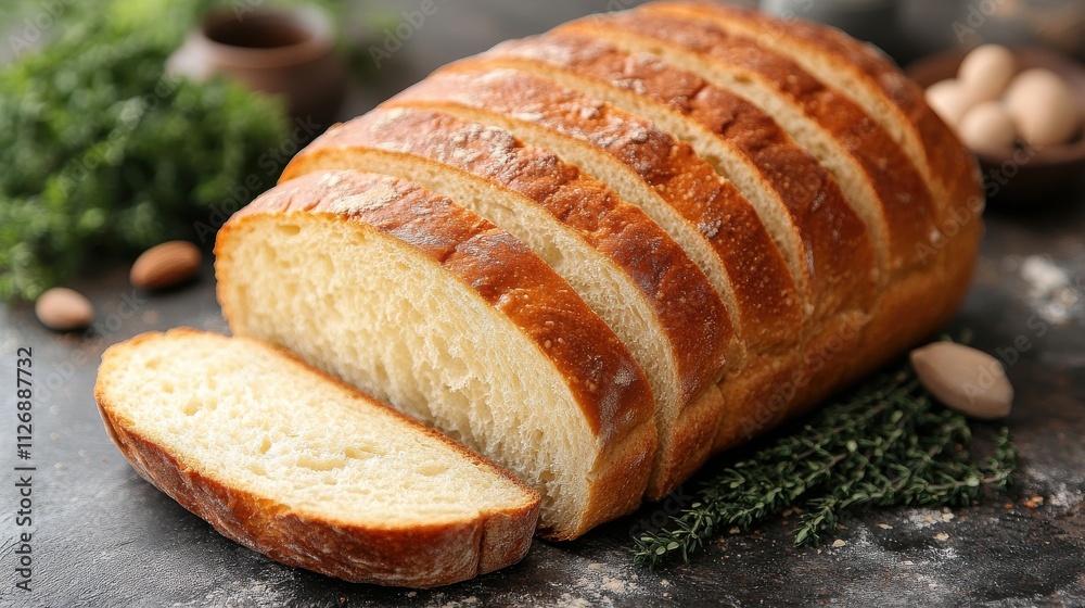 a loaf of bread with slices cut in half a loaf of bread with slices cut in half
