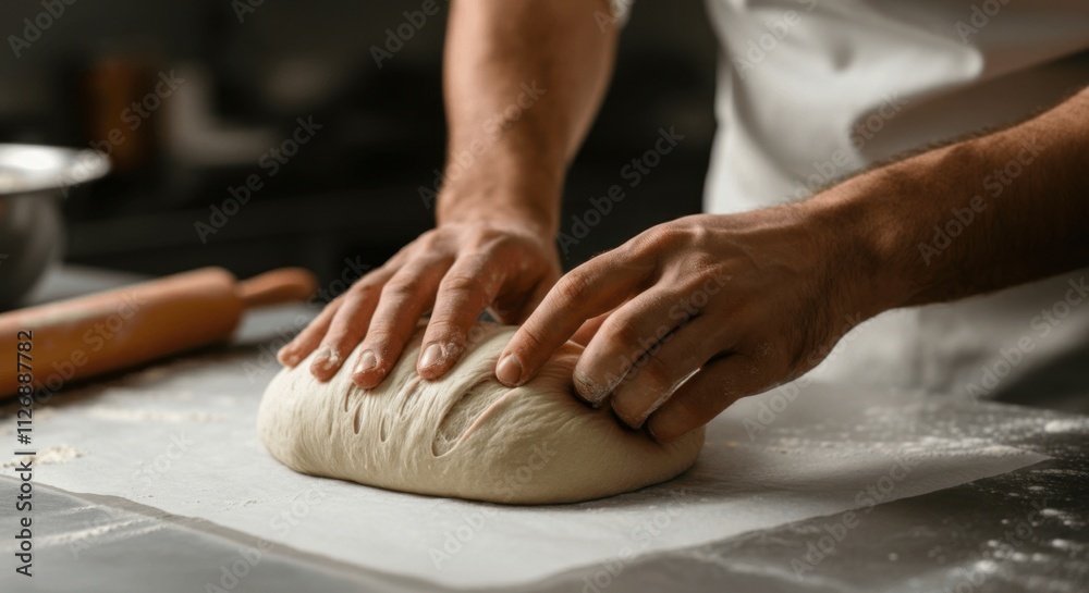 Artisan baker kneading dough on wooden surface Artisan baker kneading dough on wooden surface