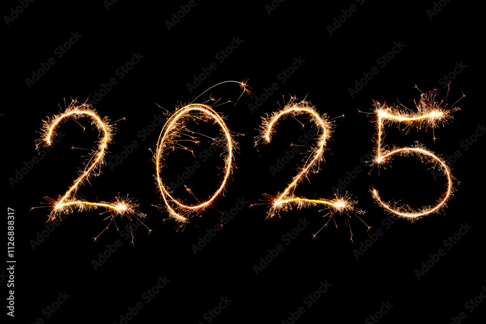 2025 written with Sparkle firework on black background, happy new year 2024 concept 2025 written with Sparkle firework on black background, happy new year 2024 concept
