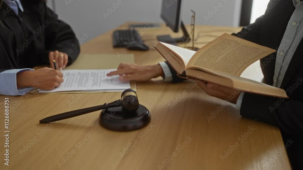 Woman judge and man lawyer interacting in office with gavel, documents, and book, indicating a legal discussion in an indoor professional setting Woman judge and man lawyer interacting in office with gavel, documents, and book, indicating a legal discussion in an indoor professional setting