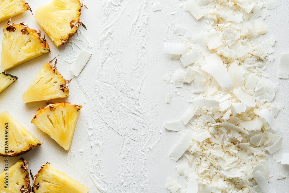 Fresh pineapple slices and shredded coconut create a tropical culinary display on a white surface Fresh pineapple slices and shredded coconut create a tropical culinary display on a white surface