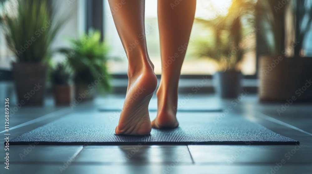 Bare Feet Walking On Yoga Mat Indoors Bare Feet Walking On Yoga Mat Indoors