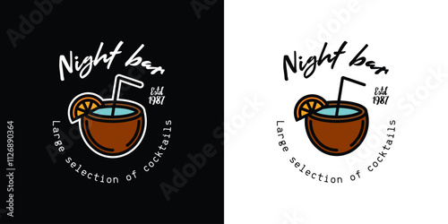 Original vector poster of a night bar. Coconut juice with a straw.